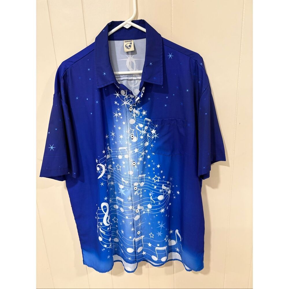 Hardaddy Mens Shirt, Size L, Music Theme, Short Sleeves, Blue White